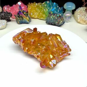 Amber Aura Quartz Crystal Cluster Orange Clear AB Aurora Iridescent Stone